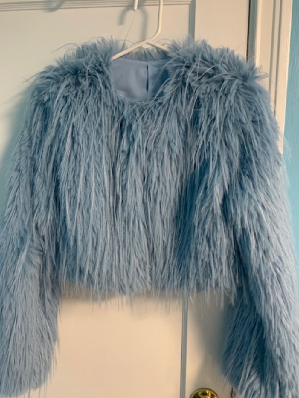 Baby blue shaggy faux fur crop jacket